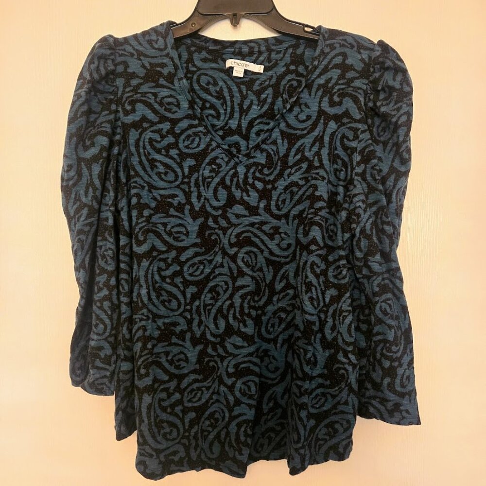 Chico's 3/4 sleeve dark green and black paisley top Size 3/XLβ